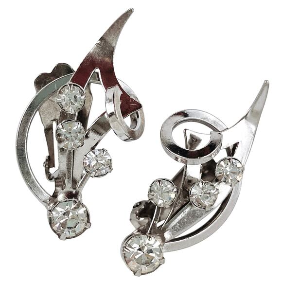 VTG 1950s Mid Century Silver Tone Rhinestone Clip On Earrings - Picture 1 of 12